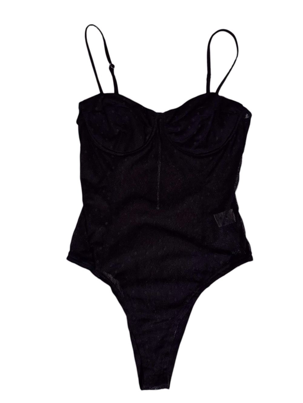 Kittenish Size Medium Black Lace Polka Dot Bodysuit Cami Sleeveless Sweetheart